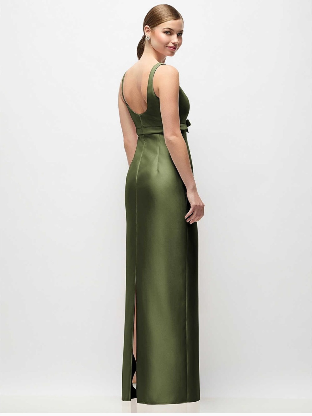 ALFRED SUNG Olive Green Satin Column Gown with Waist Bow- NWT - Picture 2 of 11